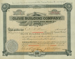 Certificado de acciones de Olive Street Building Company emitido a Estill M. Henry, 5 de diciembre de 1892